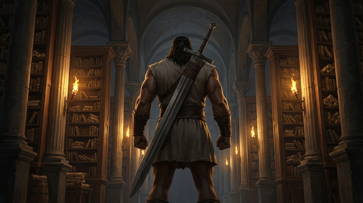 Conan the Librarian standing before the Great Library of Tarantia at dusk, silhouetted against torchlight and towering shelves of scrolls
