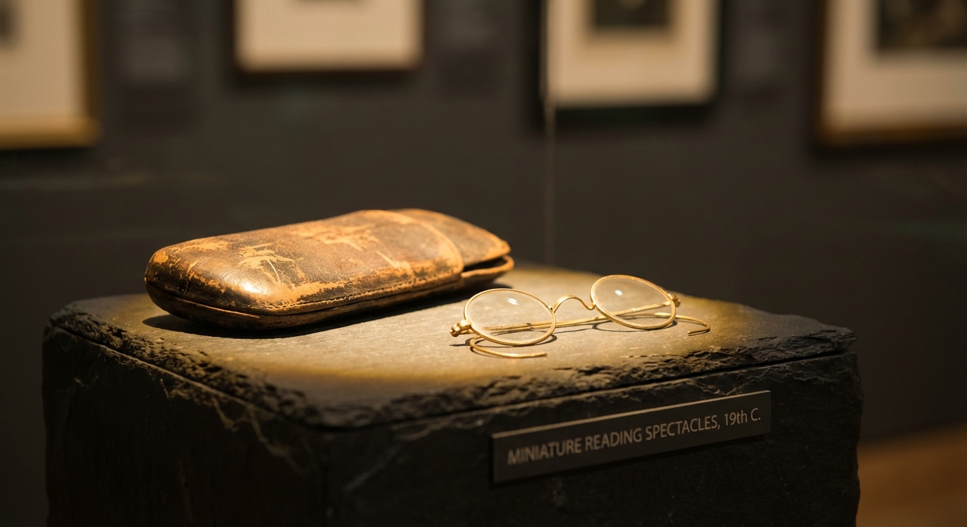 Conan's tiny wire-frame reading spectacles, absurdly delicate, displayed on a stone pedestal