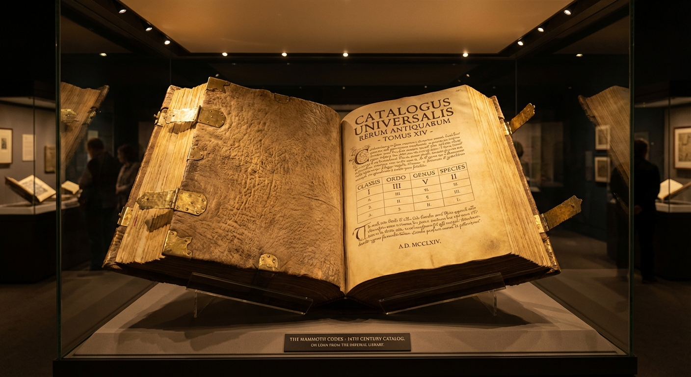 The original manuscript of The Conan Decimal System, bound in mammoth hide, displayed under glass