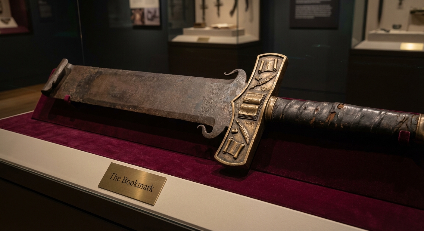 The Bookmark — Conan's legendary two-handed broadsword displayed on a velvet-lined museum mount