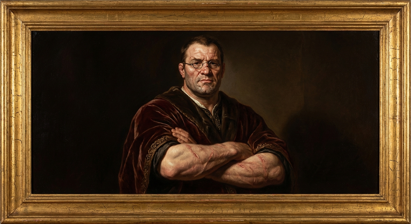 Oil painting portrait of Conan the Librarian in his ceremonial reading robes, massive scarred arms folded across his chest, tiny wire-frame spectacles resting on his broad nose